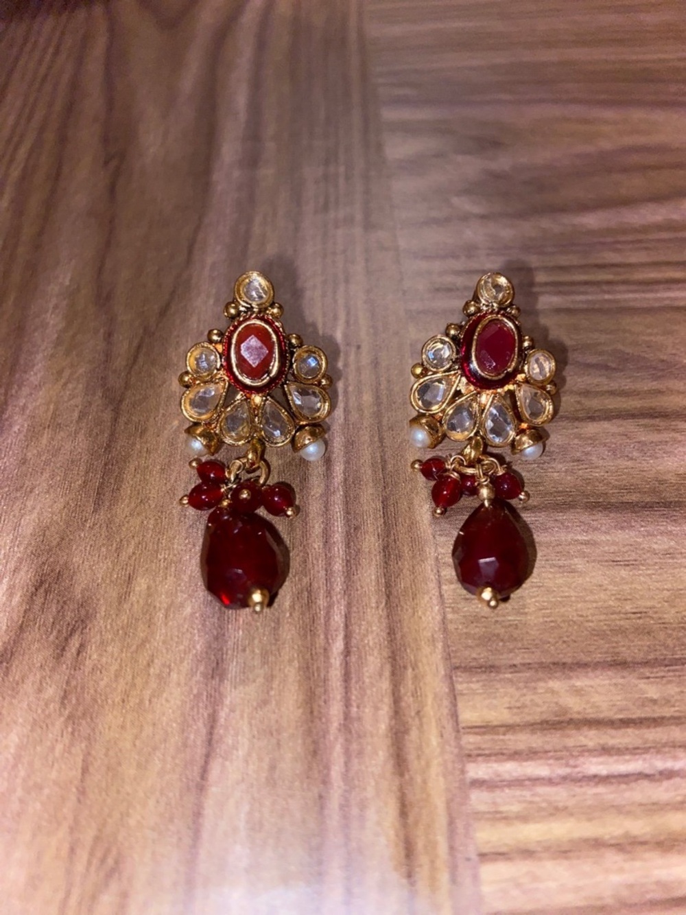 Salwar Kameez Red and Gold Drop Earrings with Clear Accents